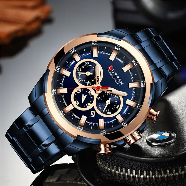 Curren 8361 Blue Steel Watch with Rose Gold