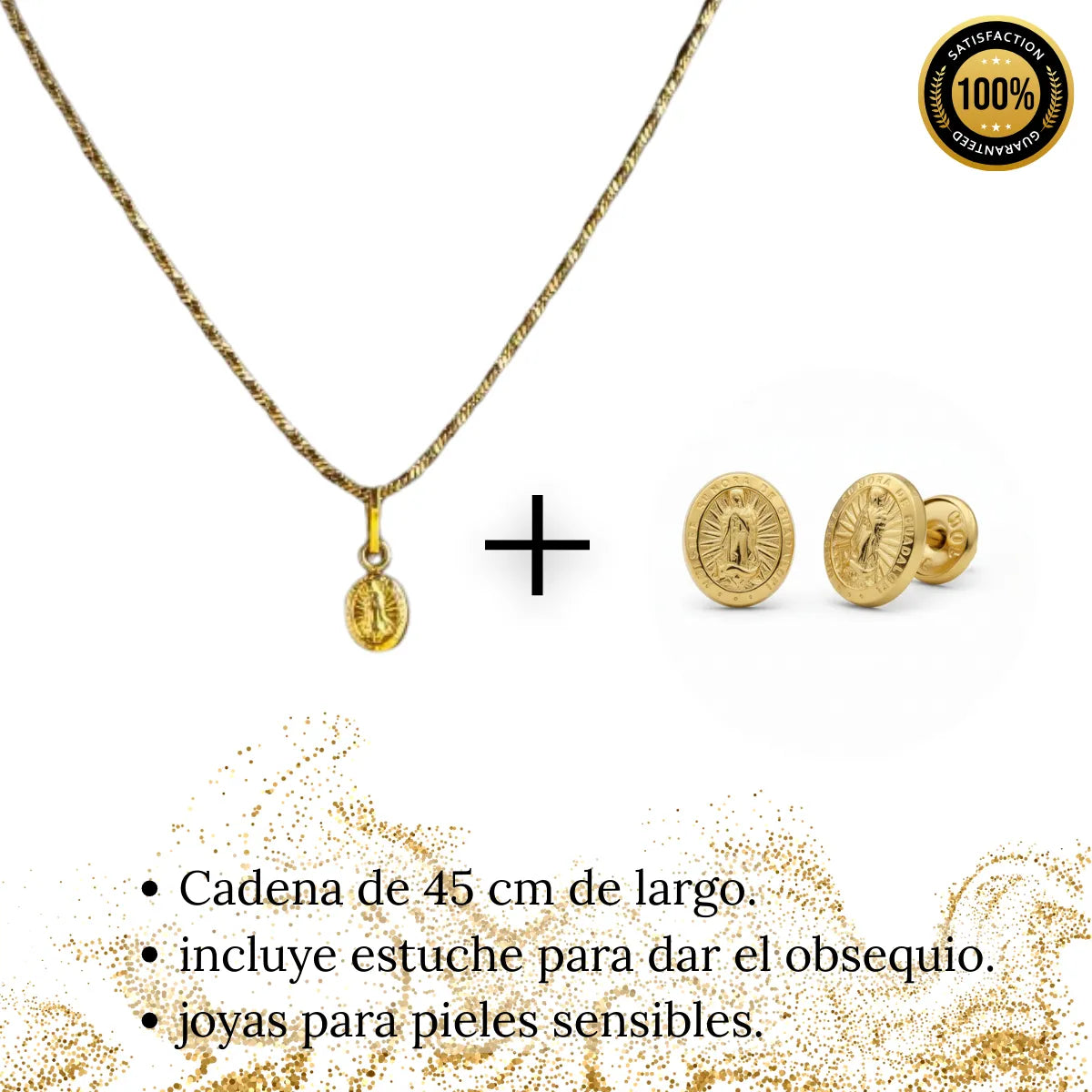 Juego Collar Mujer y Dije + Aretes Virgen Oro Laminado 18k
