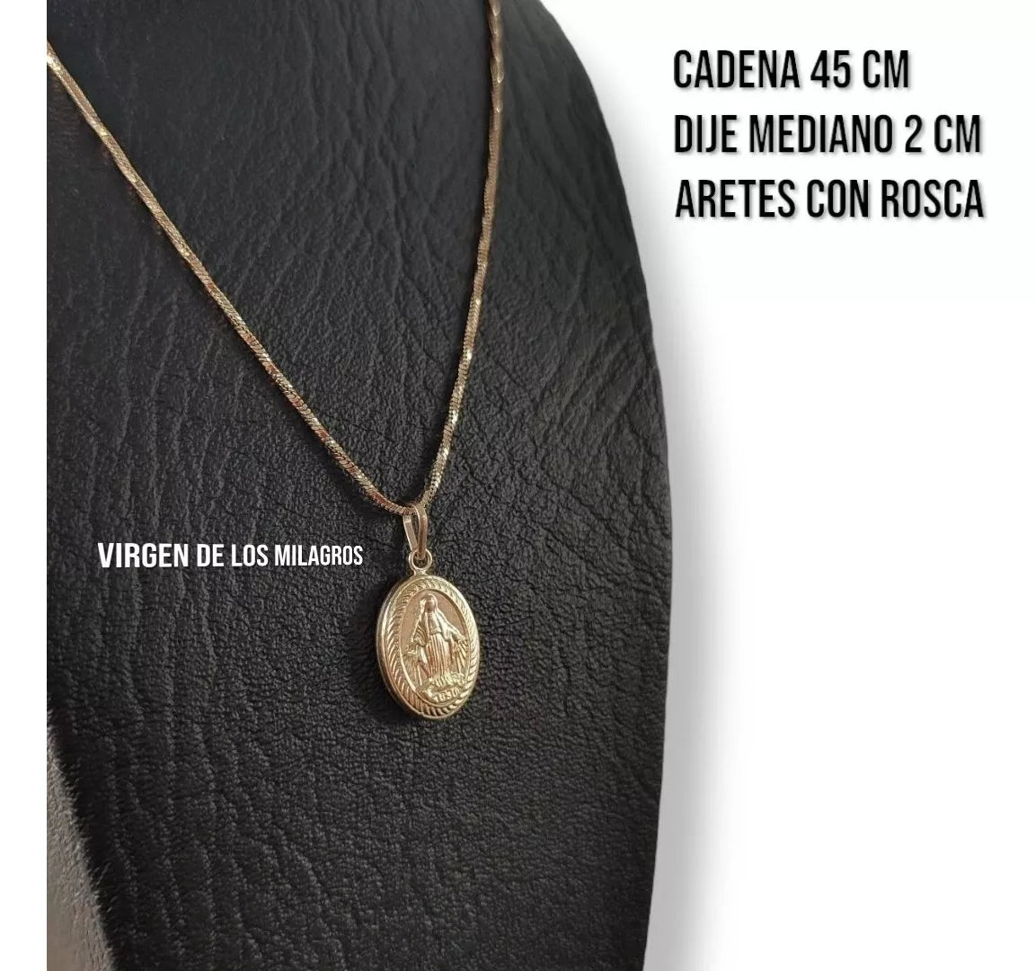 Juego Cadena Aretes Dije Oro Lamiando18k Virgen Milagros Mujer