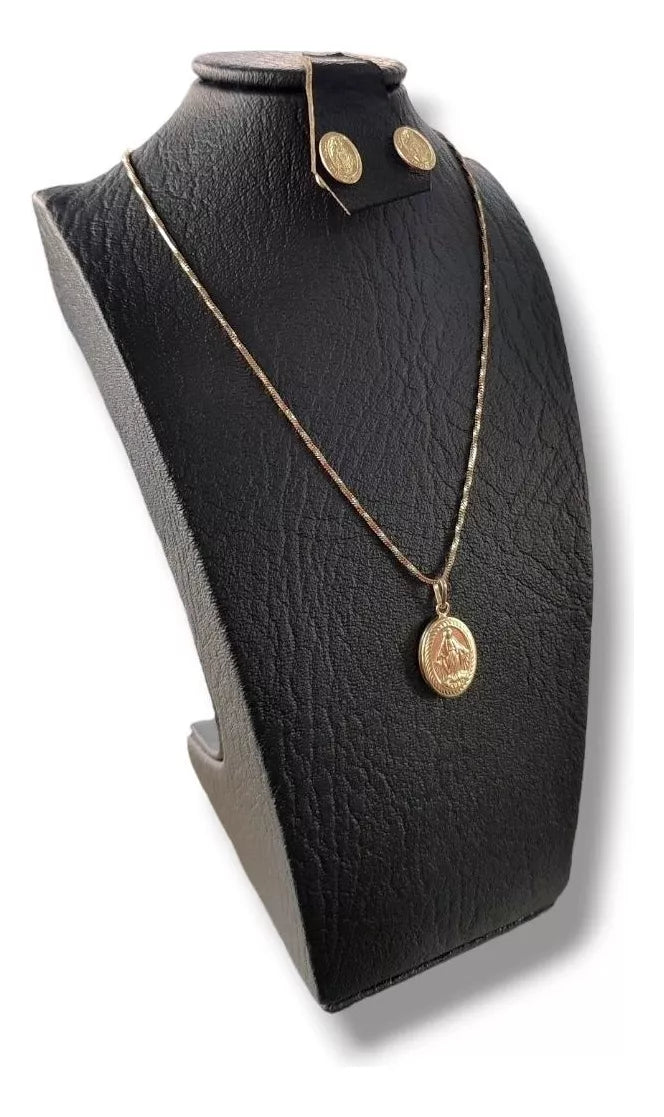 Juego Cadena Aretes Dije Oro Lamiando18k Virgen Milagros Mujer