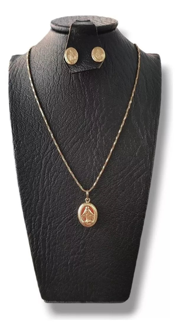 Juego Cadena Aretes Dije Oro Lamiando18k Virgen Milagros Mujer