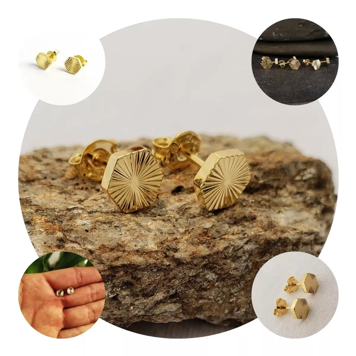 18k Gold-Laminated Geometric Sun Earrings, Anti-Allergic