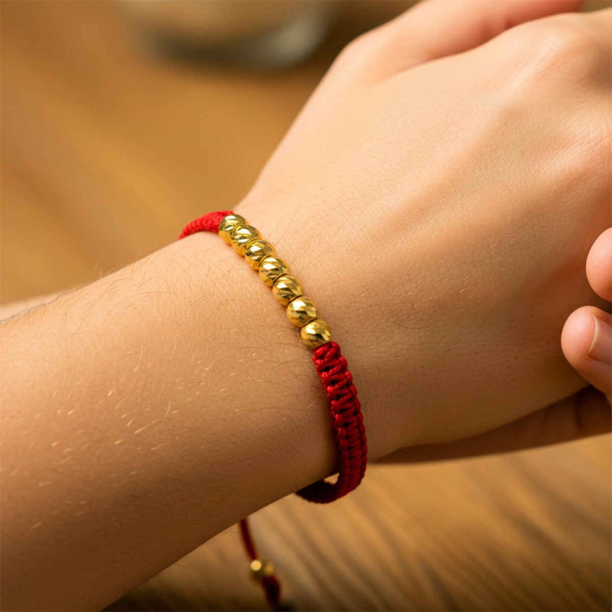 Detalle de balines oro 18K con hilo rojo diseño diamantado