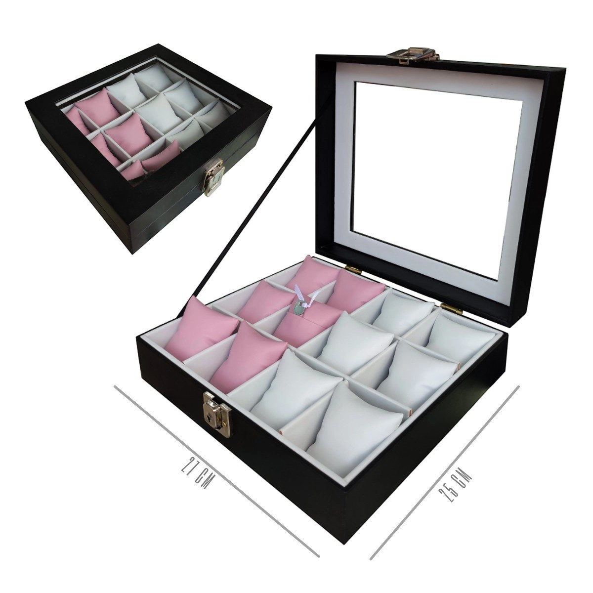 Estuche organizador de relojes color negro con interior rosa blanco – vista superior