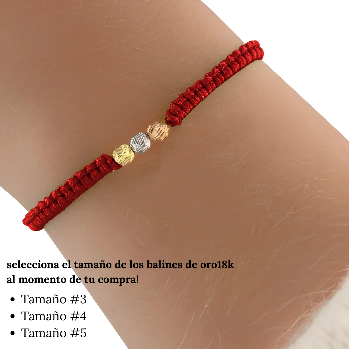 Pulsera protección hilo rojo oro 18K tres tonos artesanal
