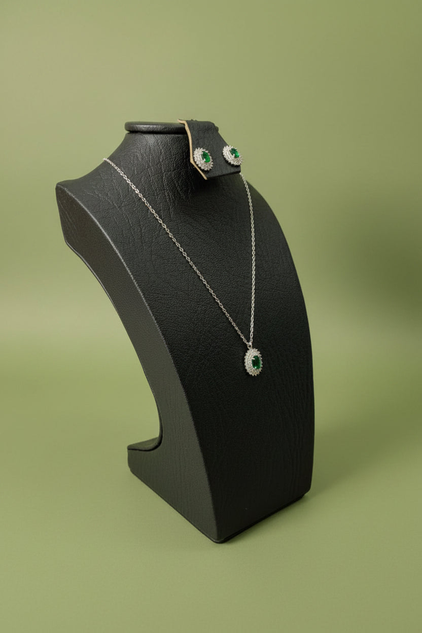 Set Halo Verde Esmeralda | Cadena + Dije + Aretes en Plata 925 Italiana