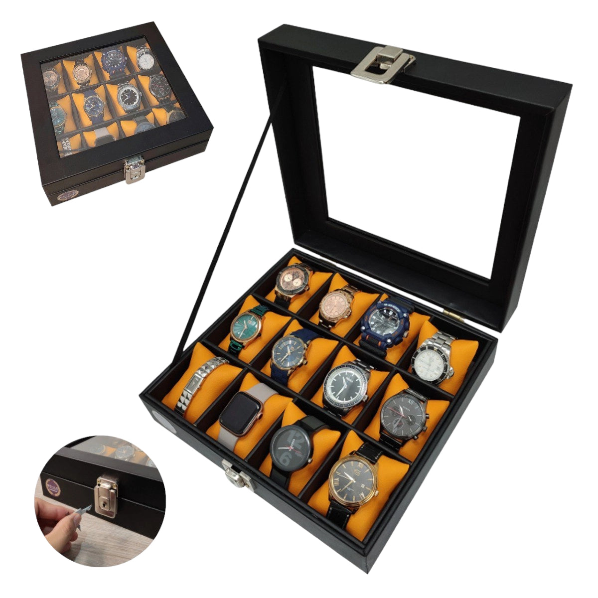 estuche de lujo para 12 relojes con tapa de vidrio y cierre de llave