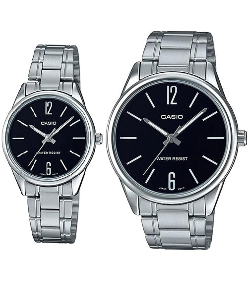 Reloj Casio De Pareja En Acero V005D-1B Brillo Encanto