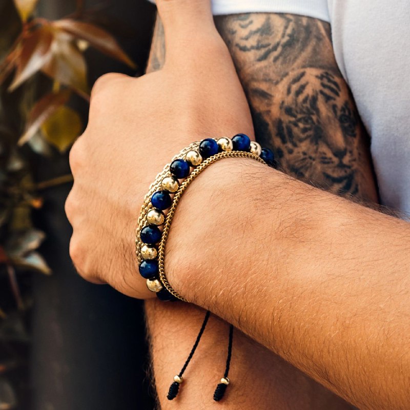 Pulsera Esclava Oro Laminado18k y Ónix Azul