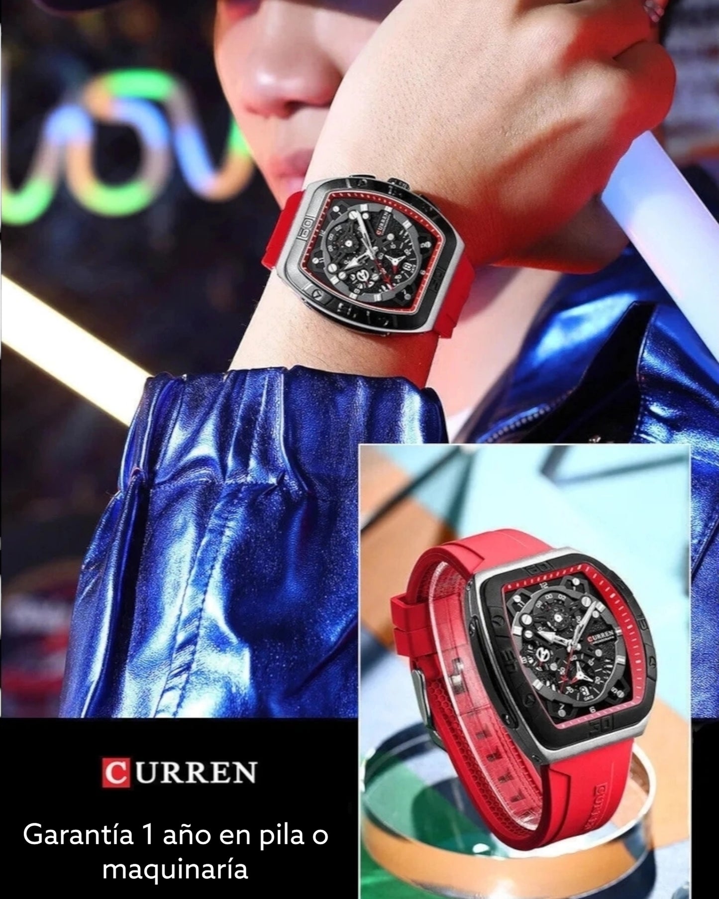 Reloj Curren 8443 Cuadrado Deportivo Rojo