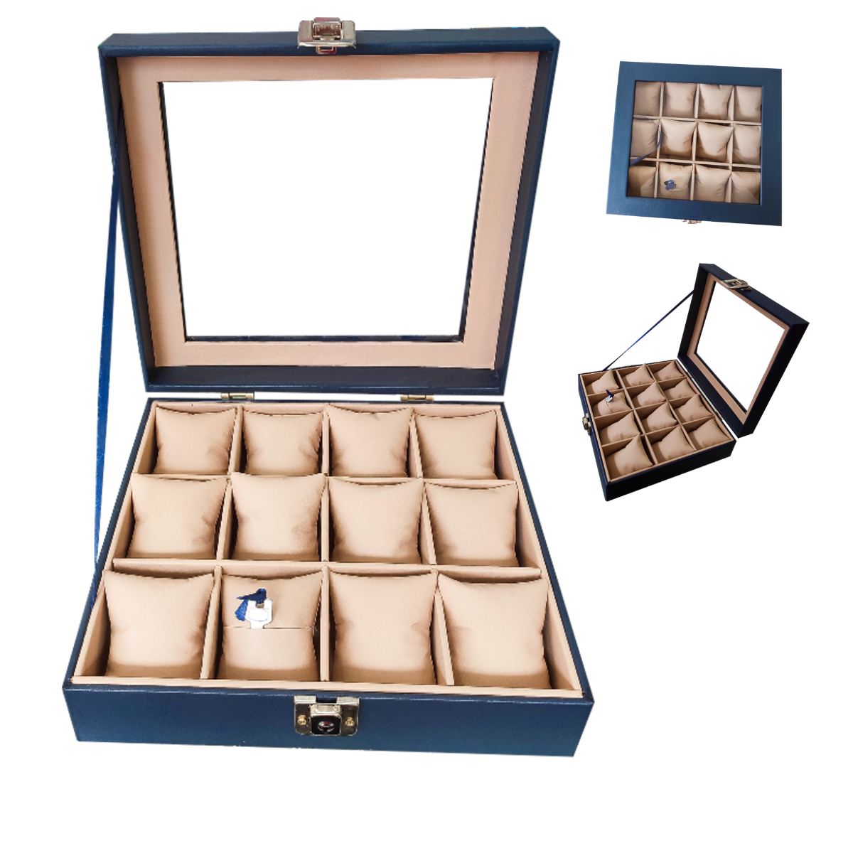 Organizador de relojes azul con interior blanco – Vista frontal