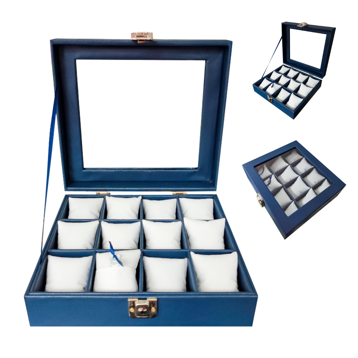 Organizador de relojes de lujo azul y blanco con tapa de vidrio