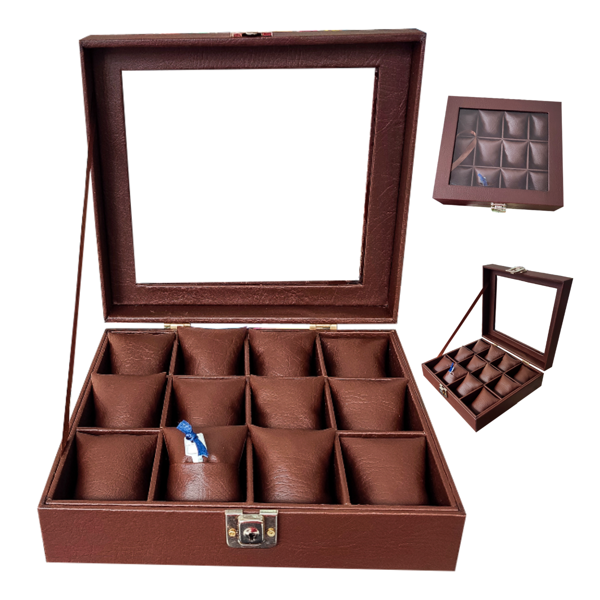 Organizador De Relojes Estuche Relojera De Lujo 12 Puestos Elegante Marrón Brillo Encanto