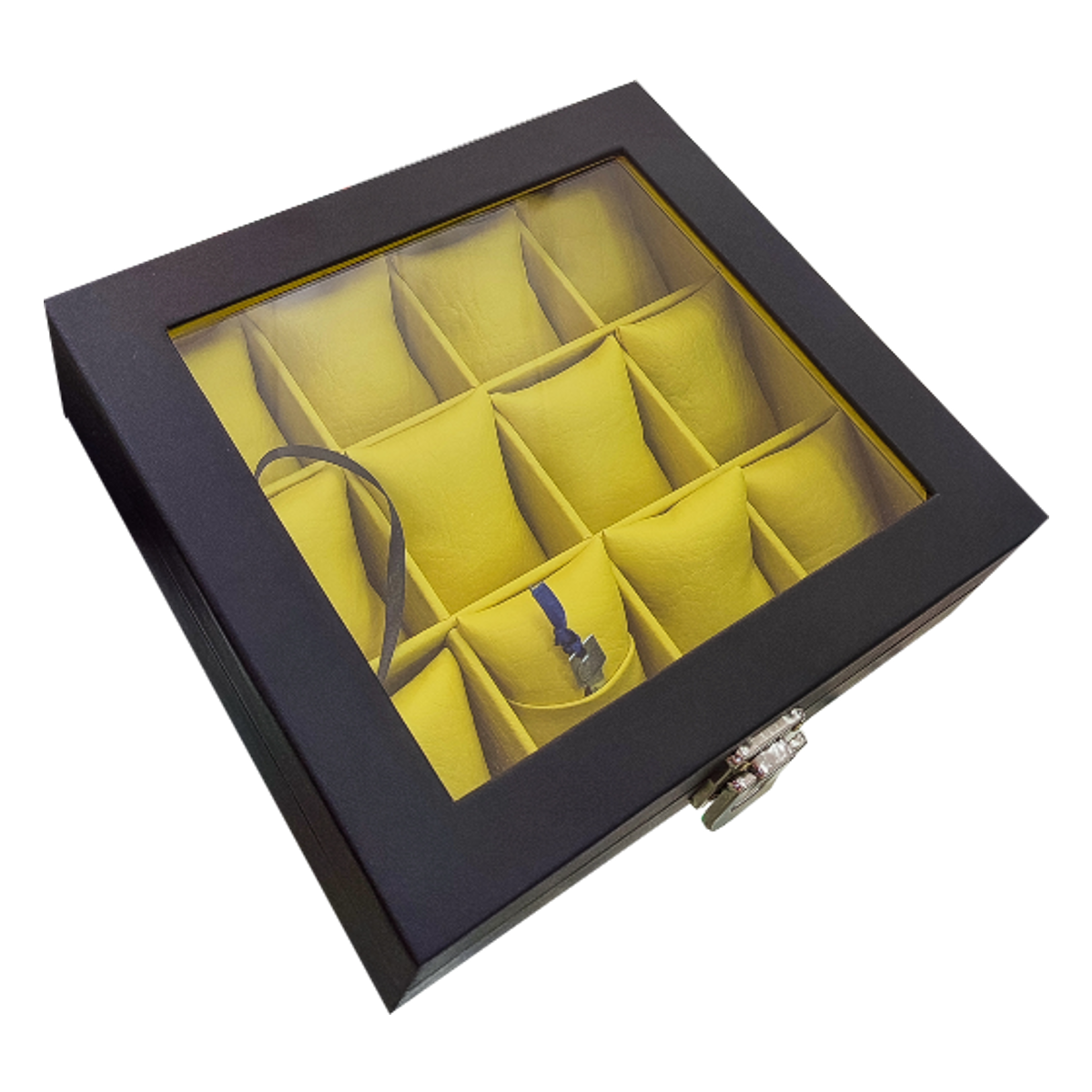 Organizador de relojes de lujo con 12 puestos y tapa de vidrio transparente