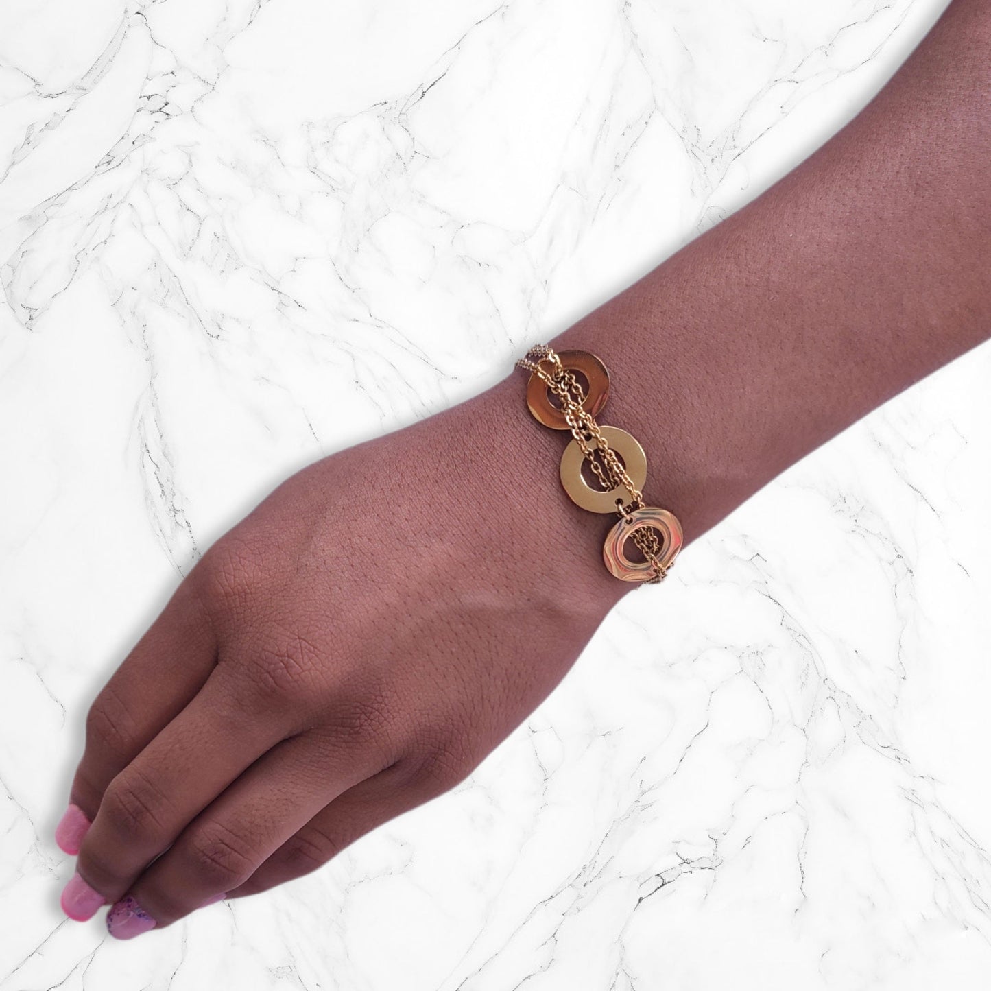 Pulsera Esclava En Acero de Aros Geométricos Planos Dorada 22 CM Para Mujer Brillo Encanto