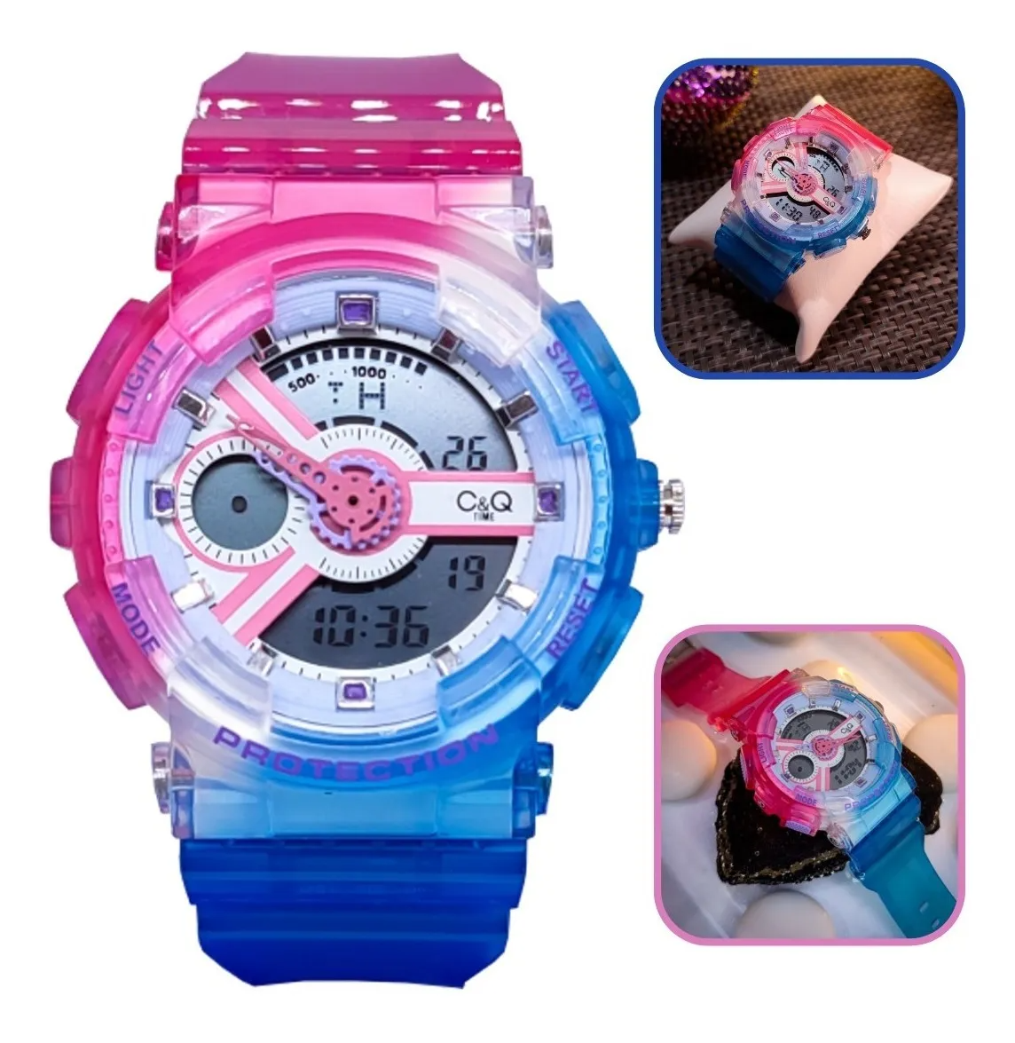 Reloj C&Q Original Deportivo Mujer Arcoíris Doble Hora Brillo Encanto