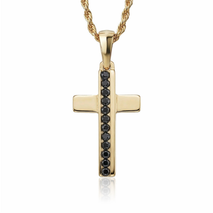 Cruz hombre piedras negras oro laminado 18k con cadena rope dorada - Brillo Encanto