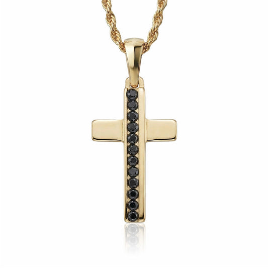 Cruz hombre piedras negras oro laminado 18k con cadena rope dorada - Brillo Encanto