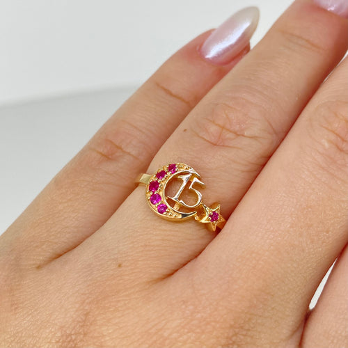 Anillo 15 Años Luna y Estrella Oro 18K