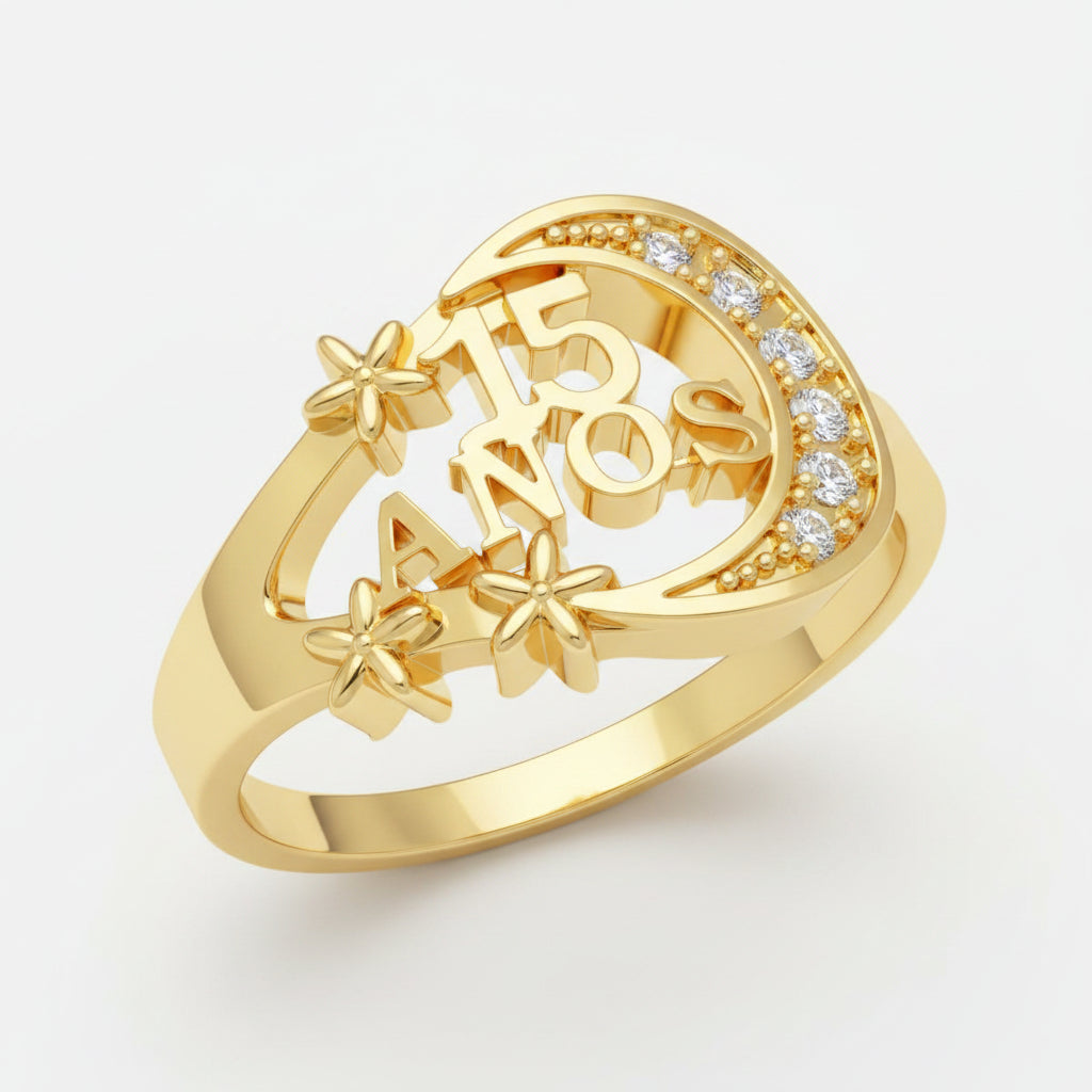 Anillo 15 Años Luna y Flores en Oro 18K Villavicencio