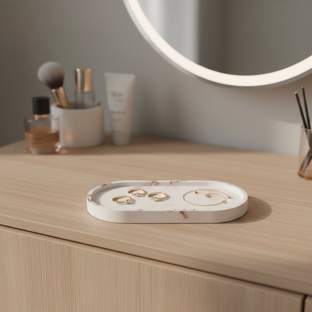 Bandeja portajoyas ovalada de cemento blanco y marmolina para organizar anillos.