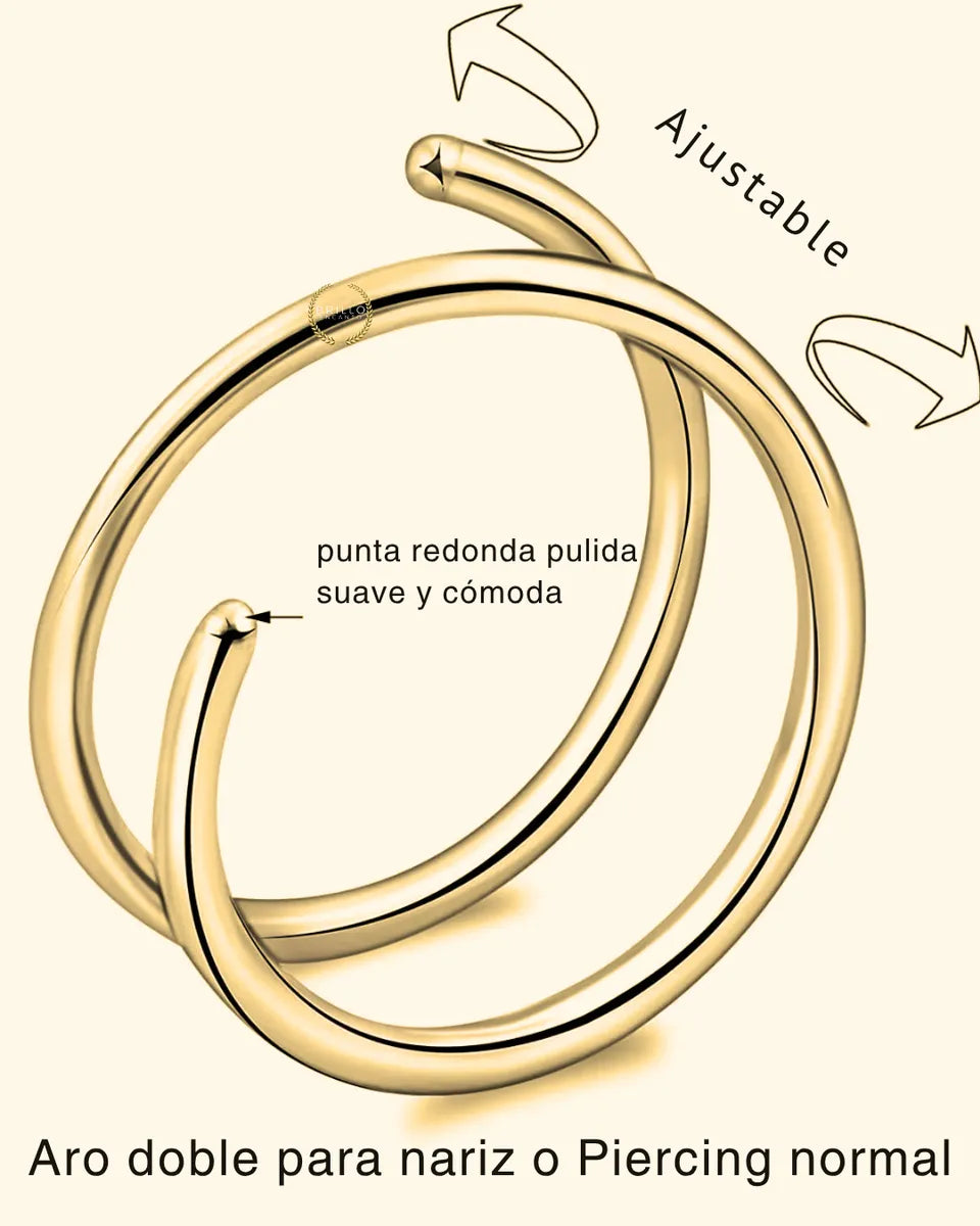 Piercing Nariz Dorado Doble Aro Nostril Plata925 Baño Oro