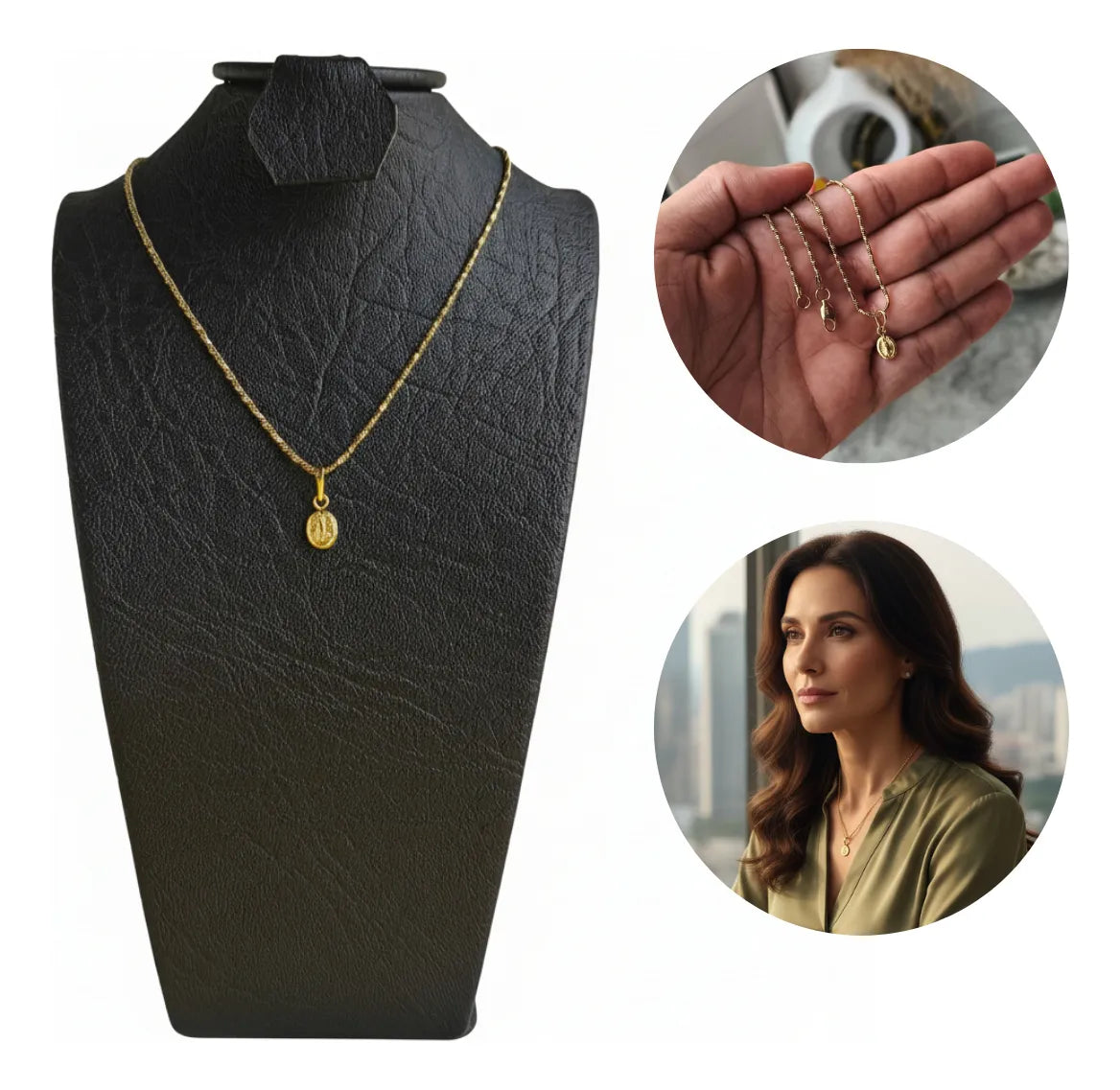 Juego Cadena + Dije Virgen + Estuche para Mujer Oro 18k Laminado