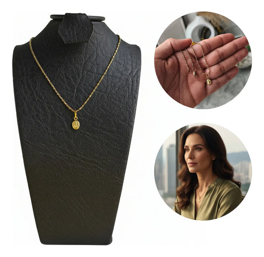 Juego Cadena + Dije Virgen + Estuche para Mujer Oro 18k Laminado