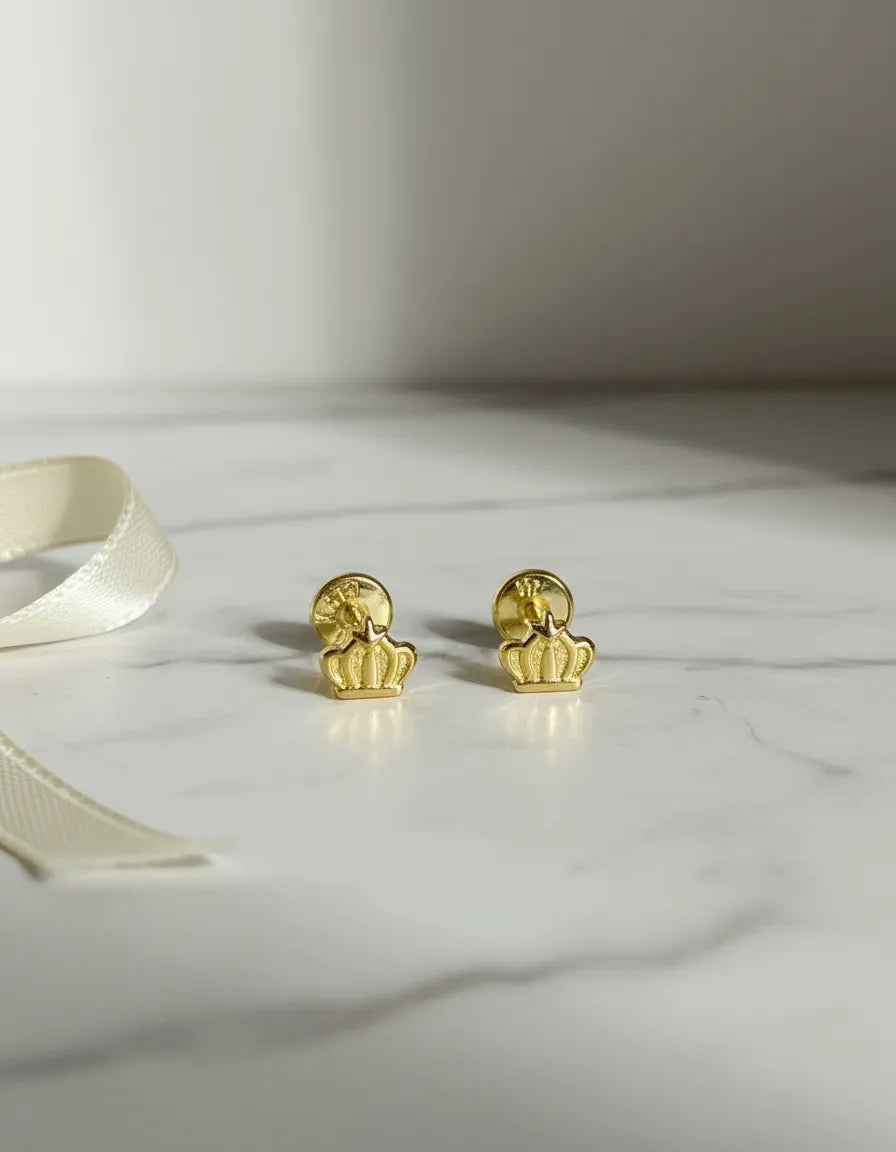 18K Gold Plated Baby Earrings with Crown Design and Safety Screw Back