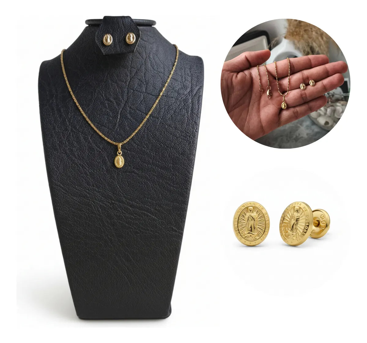 Juego Collar Mujer y Dije + Aretes Virgen Oro Laminado 18k