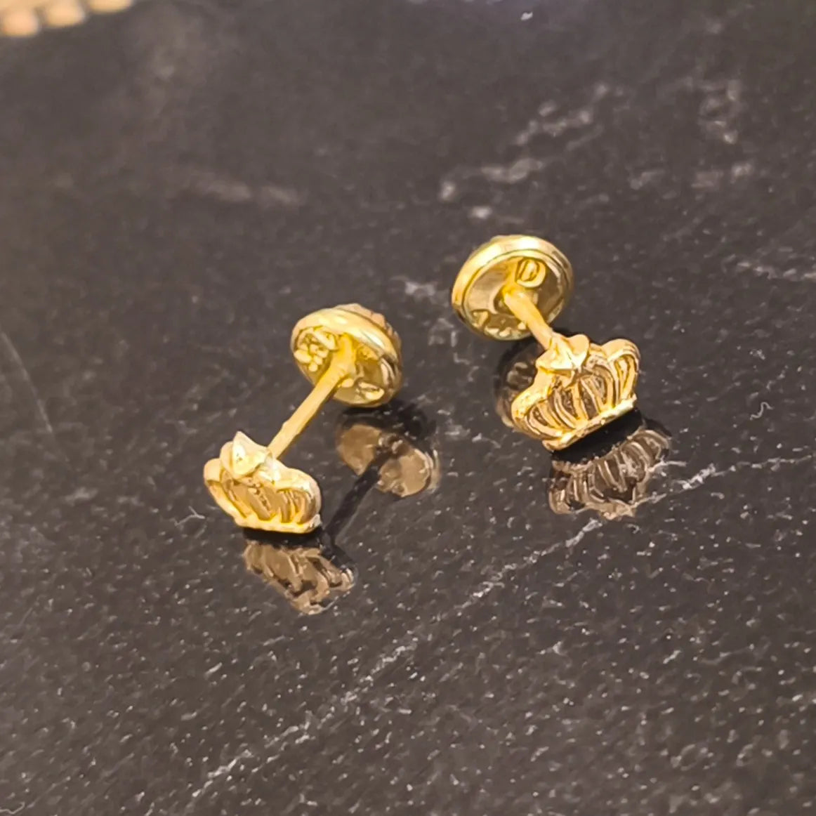 18K Gold Plated Baby Earrings with Crown Design and Safety Screw Back