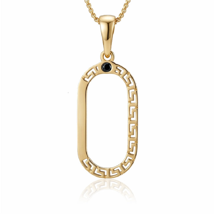 Dije aro ovalado hombre oro laminado 18k con grabado greca y zirconia negra en cadena dorada - Brillo Encanto