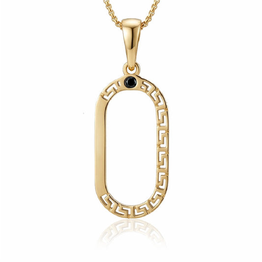 Dije aro ovalado hombre oro laminado 18k con grabado greca y zirconia negra en cadena dorada - Brillo Encanto