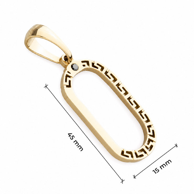 Dije aro ovalado oro laminado 18k medidas 45x15mm con grabado greca y zirconia negra - tamaño real colgante Brillo Encanto