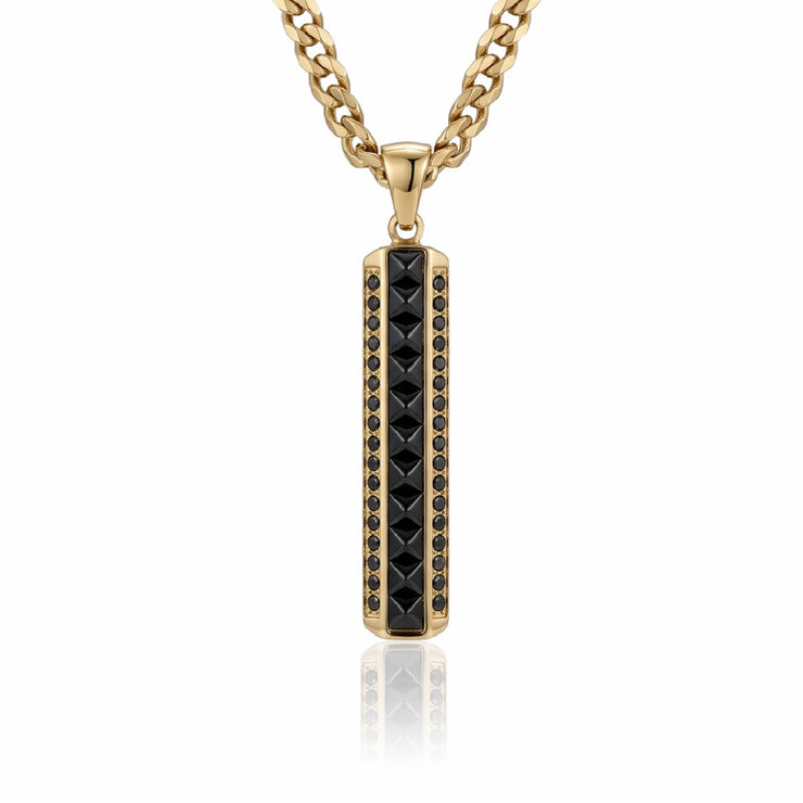 Dije barra hombre piedras negras oro laminado 18k con cadena grumetta dorada - Brillo Encanto