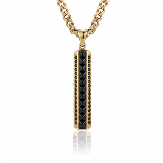 Dije barra hombre piedras negras oro laminado 18k con cadena grumetta dorada - Brillo Encanto