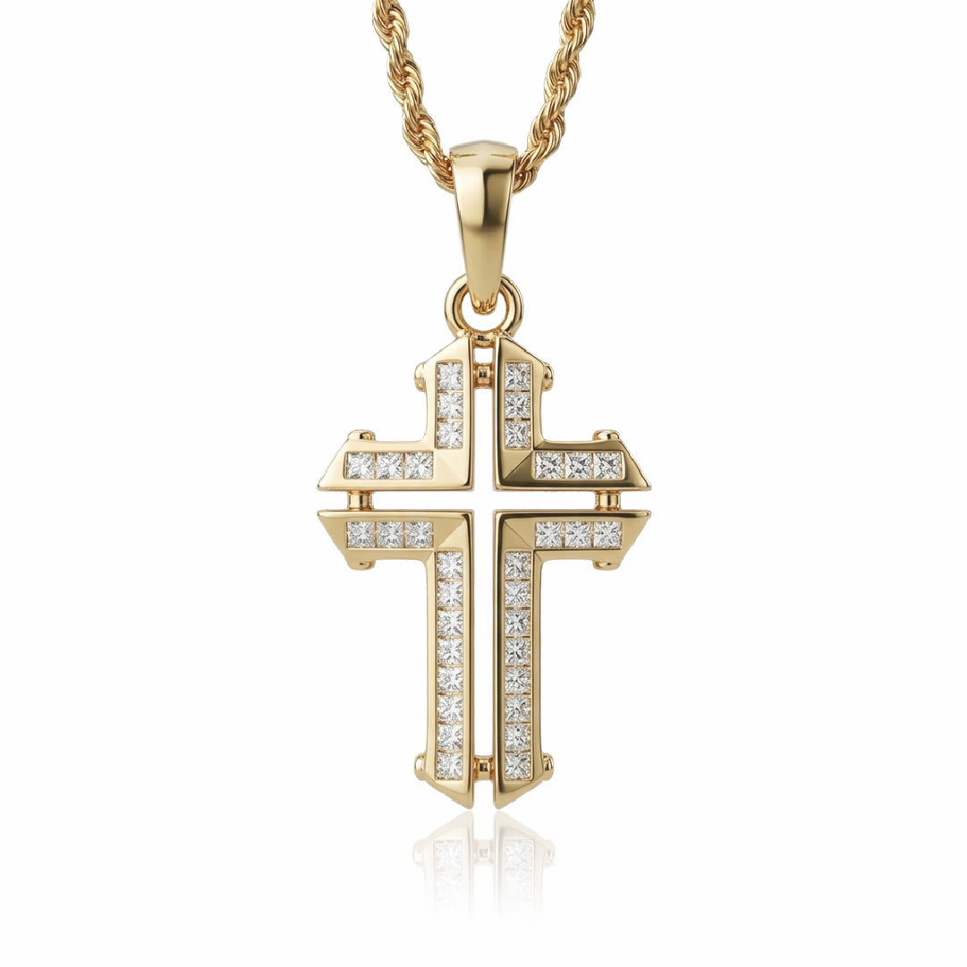 Dije cruz de lujo hombre oro laminado 18k con cristales blancos y cadena trenzada dorada - Brillo Encanto