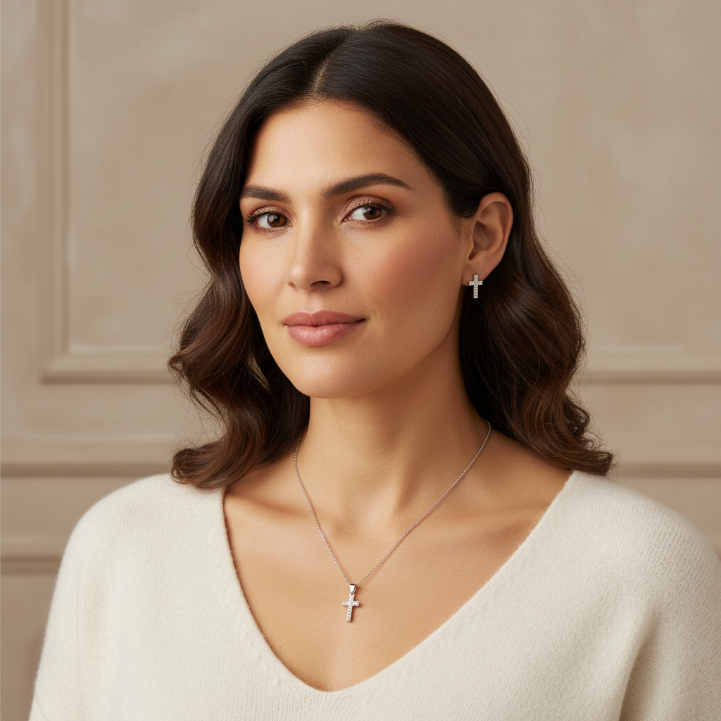 Dije cruz plata 925 italiana con cadena - set de joyería de lujo Brillo Encanto