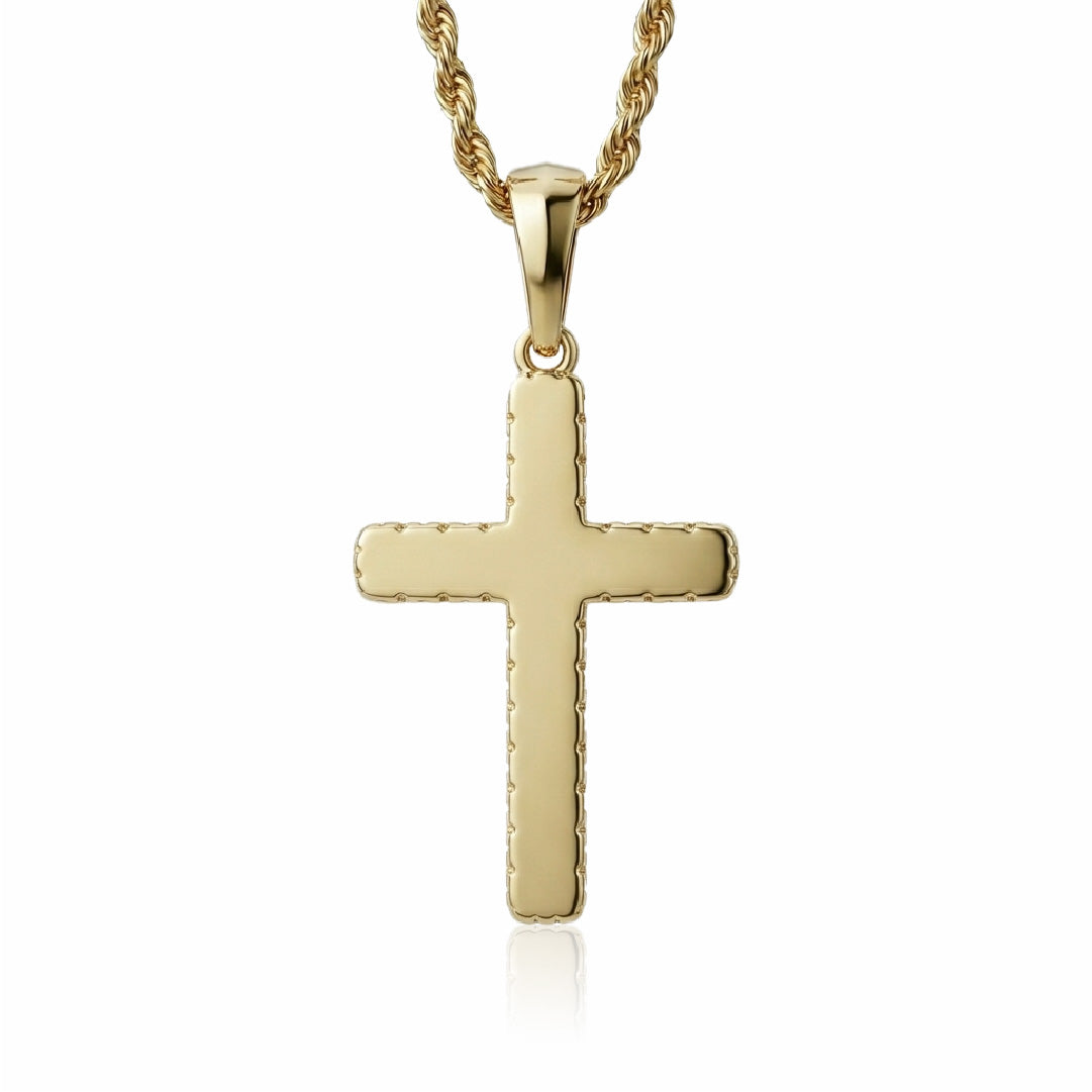 Dije cruz texturas hombre oro laminado 18k con bordes grabados y cadena rope dorada - Brillo Encanto