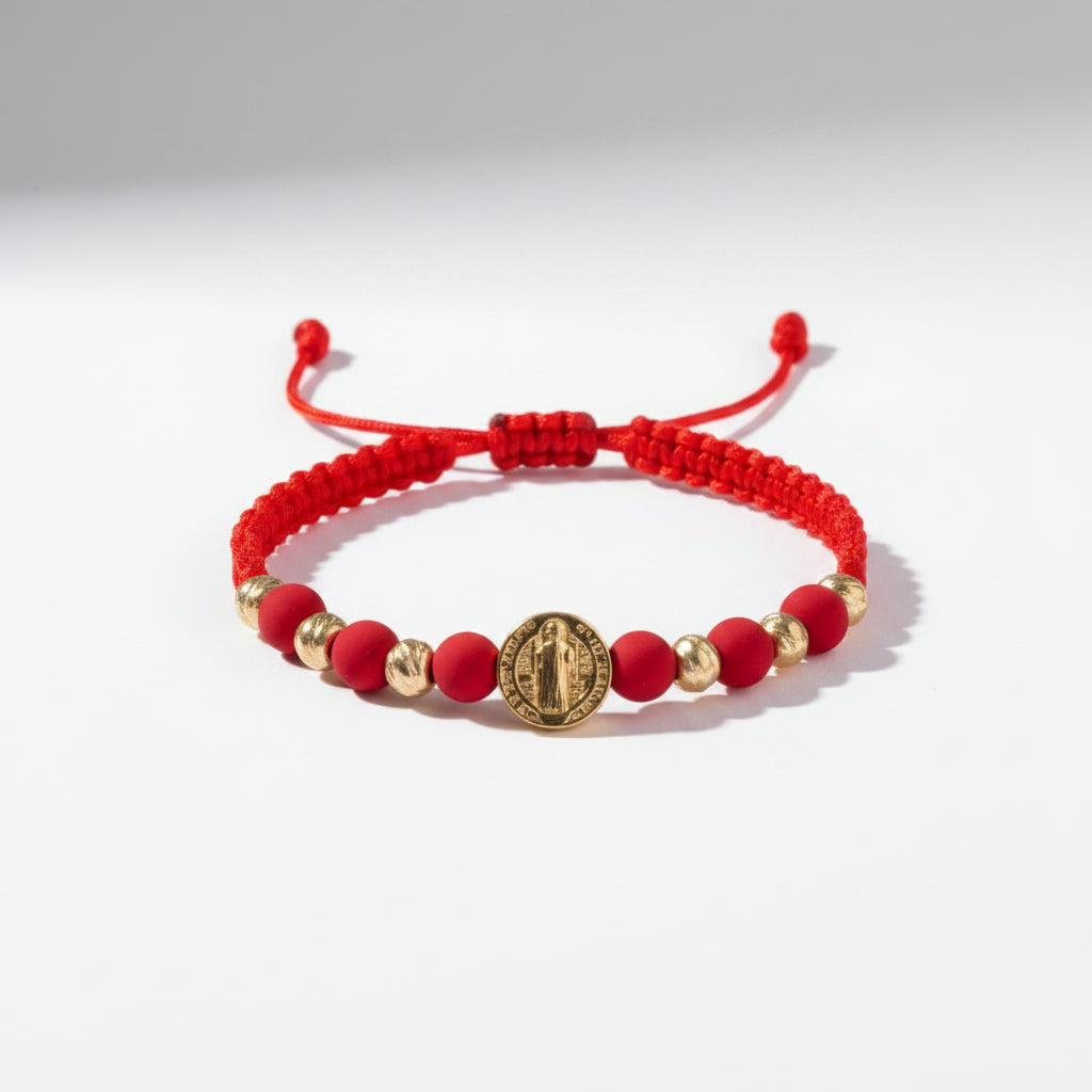 Pulsera Hilo Rojo San Benito 6 Balines Tamaño #5 Oro 18k