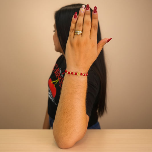 Pulsera Hilo Rojo San Benito 6 Balines Tamaño #5 Oro 18k