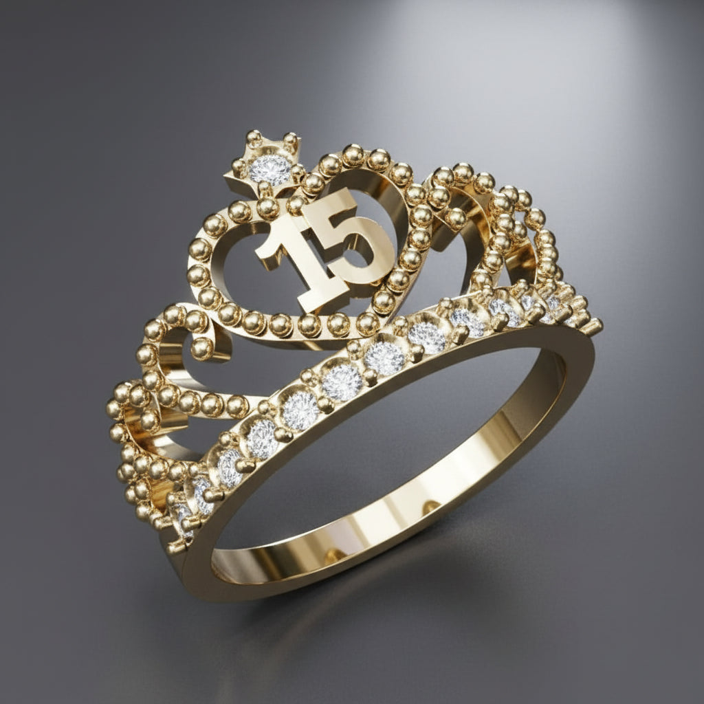 Anillo 15 Años Corona Estrella Oro 18K