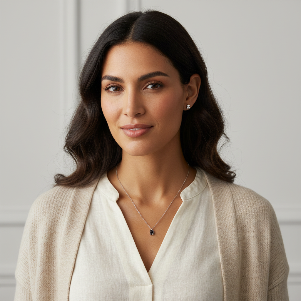 Modelo mujer usando set de joyería Osito en Plata 925 cadena dije y aretes