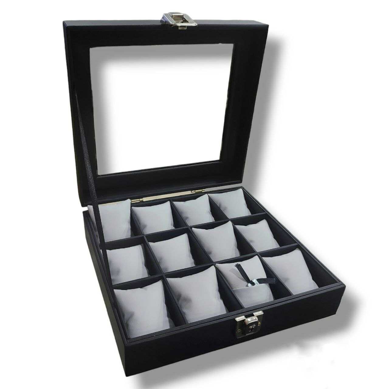 Organizador de relojes color negro con capacidad para 12 puestos y tapa transparente