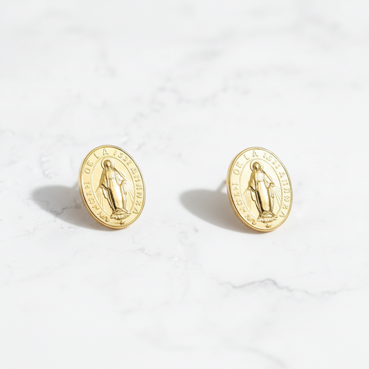 Aretes Anti alérgicos Virgen Pequeña Oro Laminado 18k