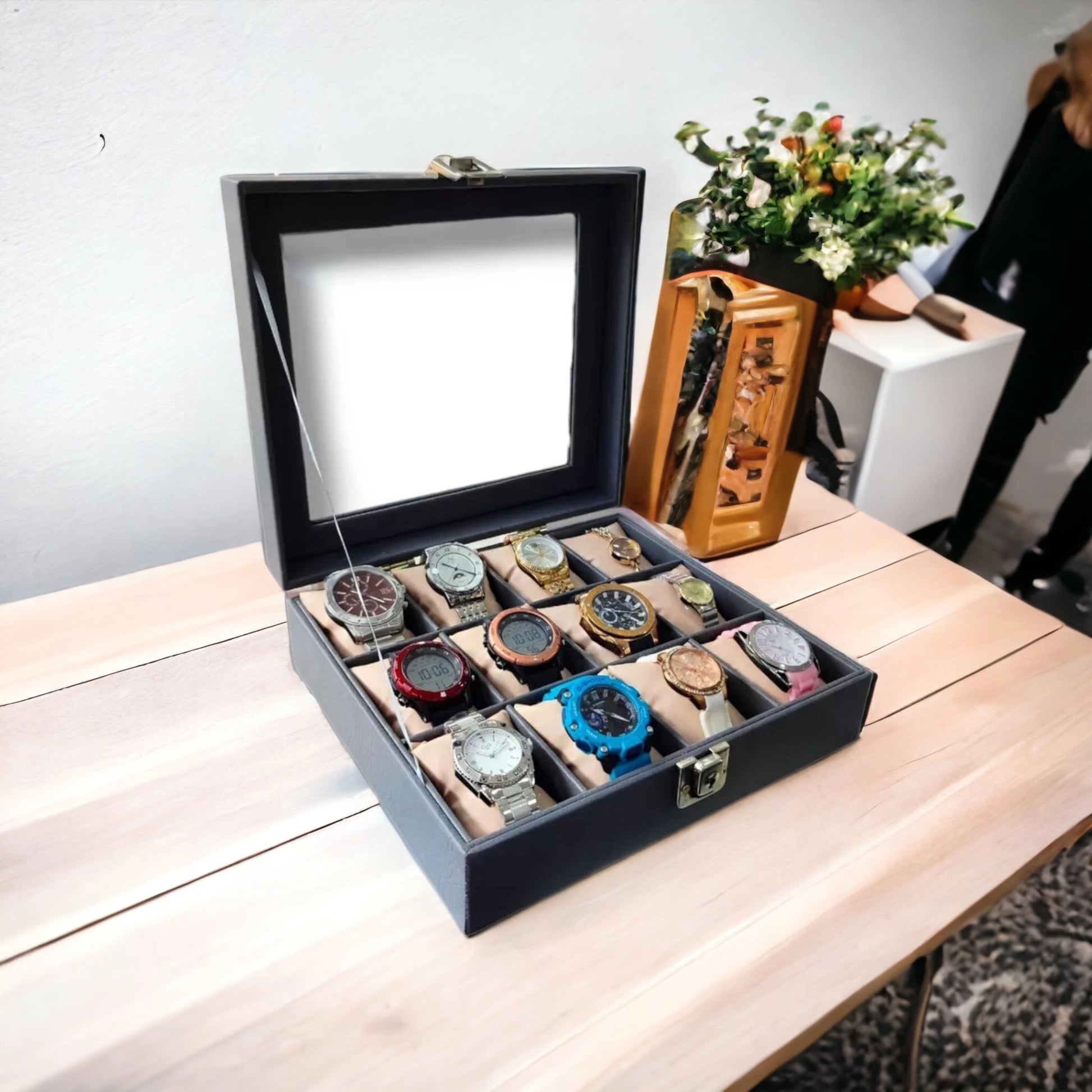 Caja Para Relojes Organizador De Reloj Con 12 Compartimentos Y Almohadillas  Extraíbles Tapa De Cristal (12 Relojes Color Marron) con Ofertas en  Carrefour