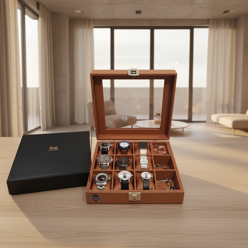Organizador de Relojes y Joyas de Lujo Marrón Barcelona · 9 Puestos + Compartimentos Extras