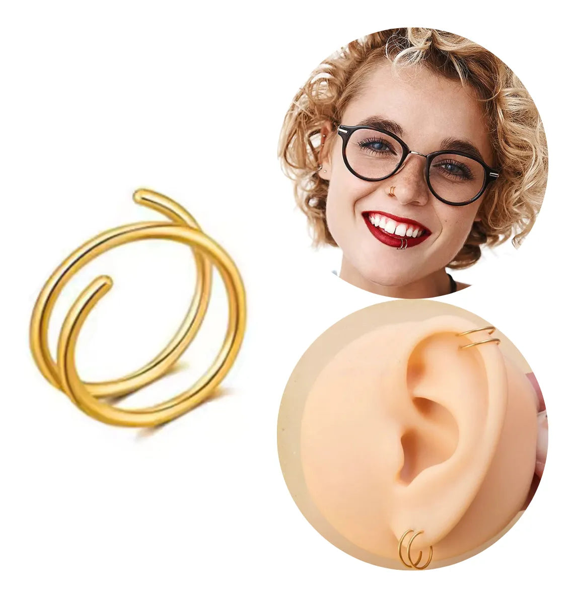 Piercing Nariz Dorado Doble Aro Nostril Plata925 Baño Oro