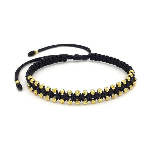 Pulsera doble carril de balines oro 18K diamantados hilo negro unisex