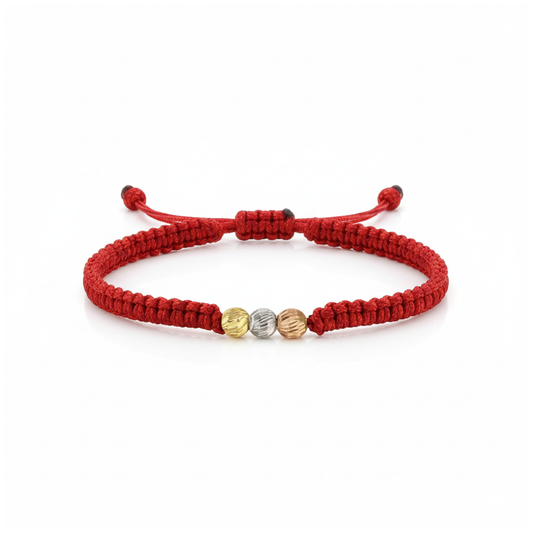 Pulsera hilo rojo balines oro 18K tricolor diamantados